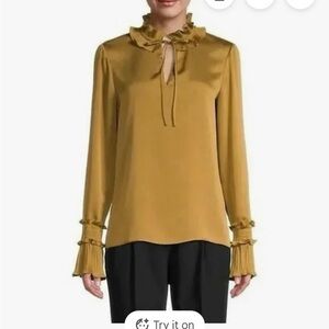 Lafayette 148 New York Mustard gold Yolk Ruffle Blouse Size L